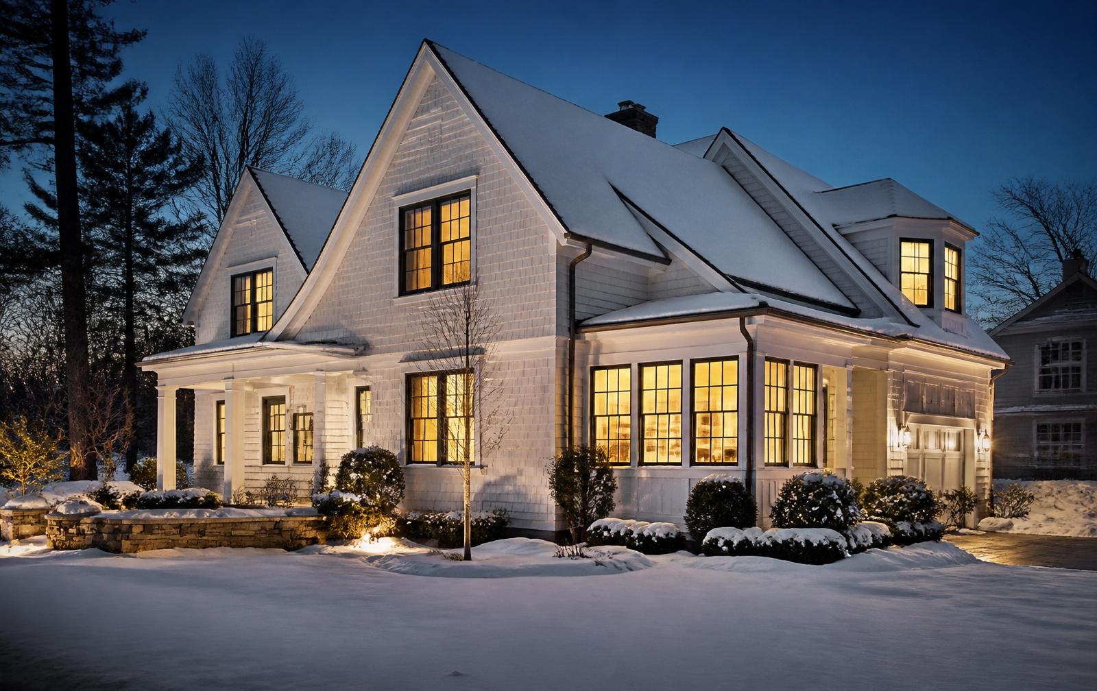 Warmly-lit New England home at dusk in winter