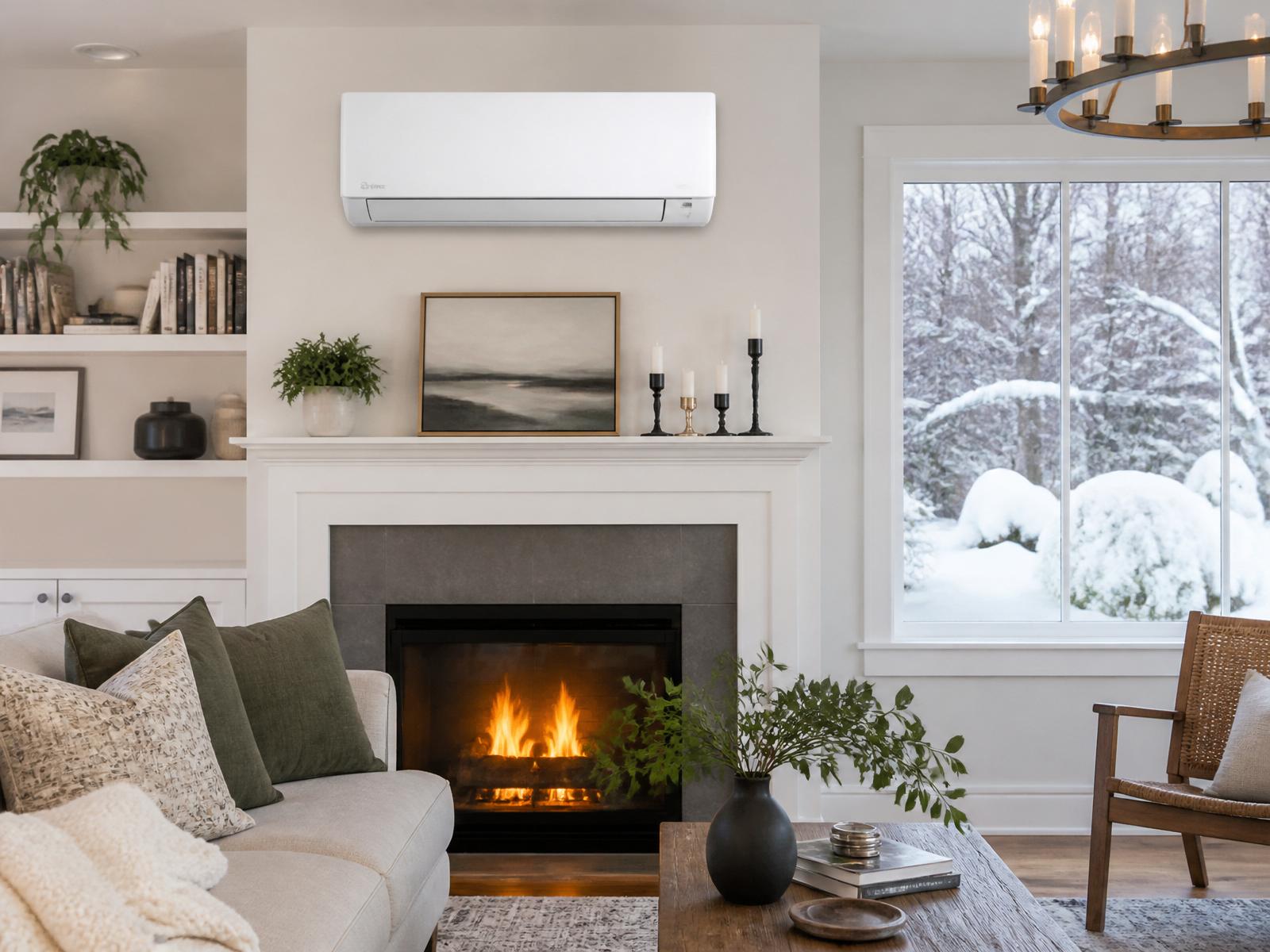 Ductless mini-split indoor unit above a fireplace in a modern New England living room