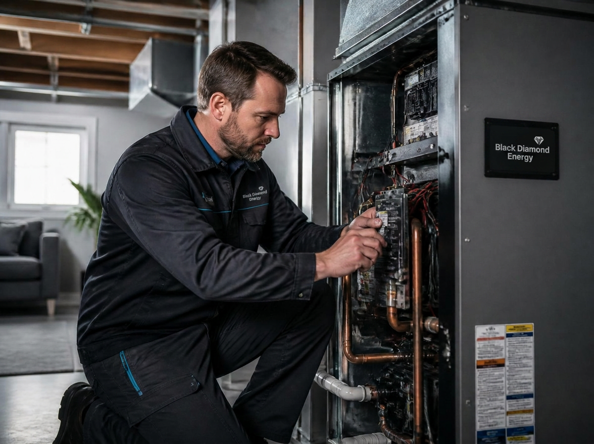 Black Diamond Energy technician installing a high-efficiency air handler